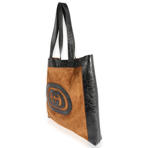 Gucci Brown Suede & Black Patent Leather Logo Tote - Picture 2 of 6